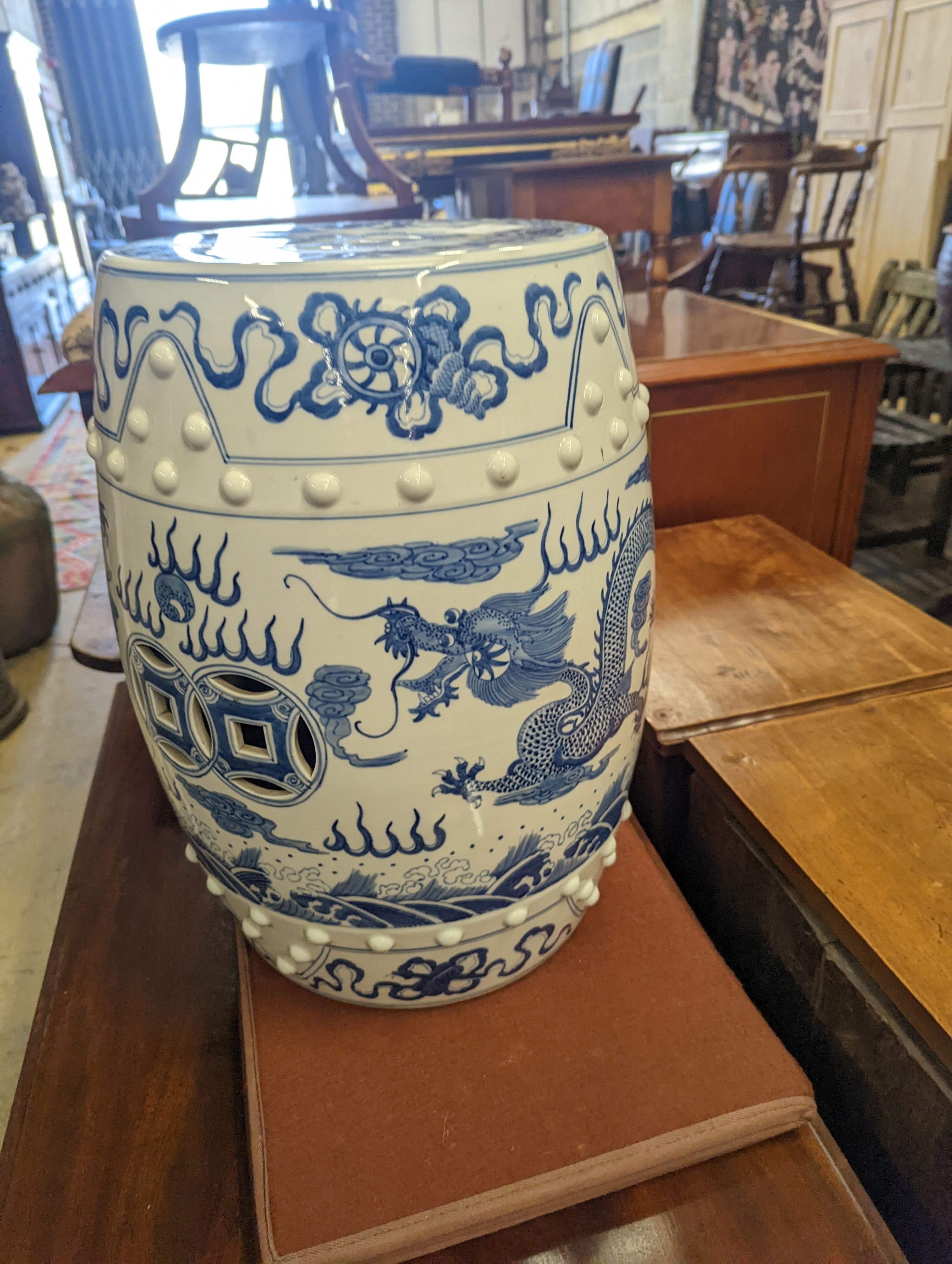 A modern Chinese blue and white porcelain garden seat, diameter 30cm, height 49cm